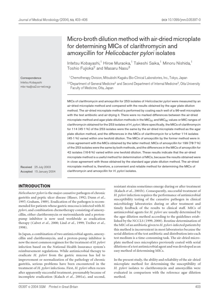 Microbroth Dilution Method With Airdried Microplate Peptic Ulcer