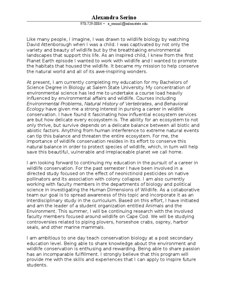 Personal Statement | PDF | Conservation Biology | Environmental