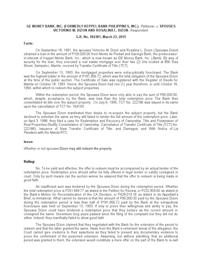 Ge Money Bank, Inc. v. Sps Dizon PDF Foreclosure Public Law