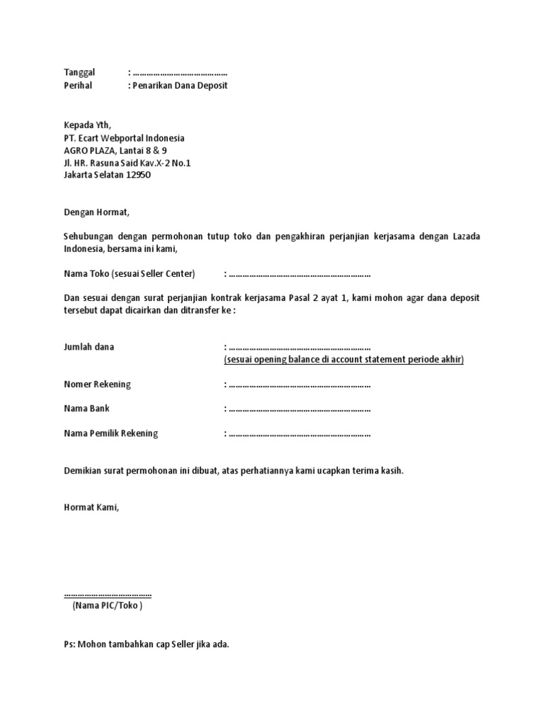 Contoh Surat Penarikan Dana Deposit Lazada