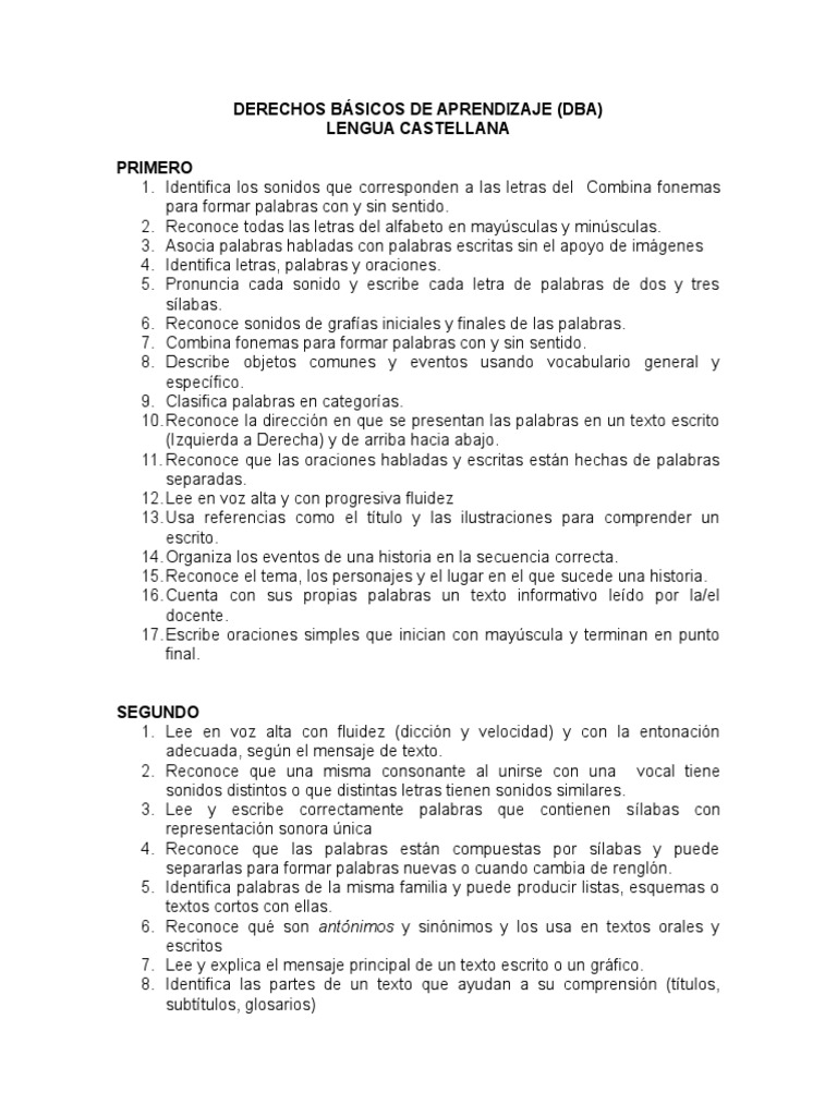 DBA Lengua Castellana Primer Grado | PDF | Lectura (proceso) | Sílaba
