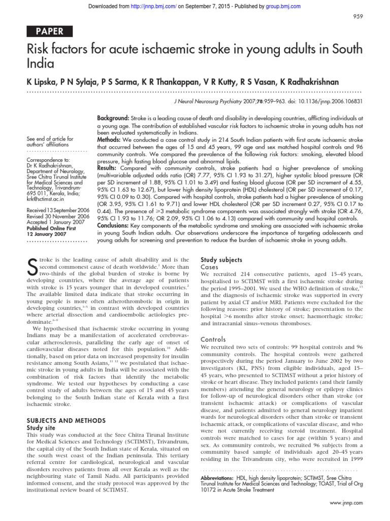 Young Adult Stroke Risk Factors in South India | PDF | High Density ...
