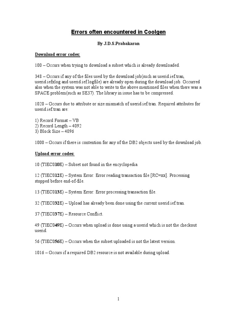 Coolgen Error Codes and Solutions | PDF | Floppy Disk | Server (Computing)