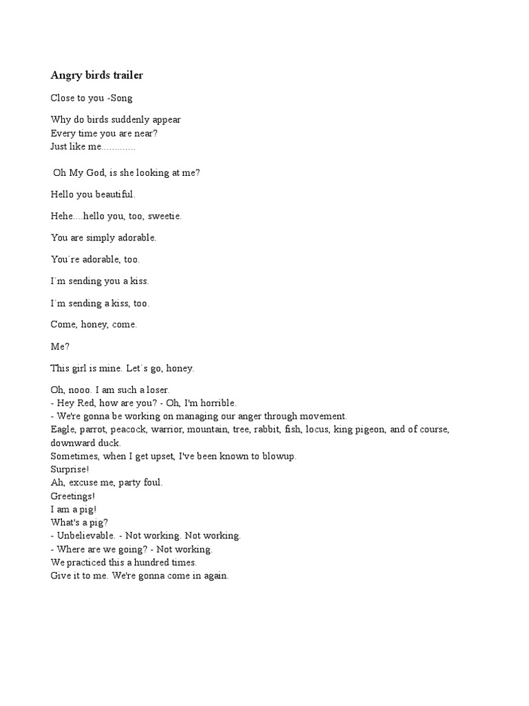 Angry Birds Trailer Script and Emotions, Bare Necessities | PDF