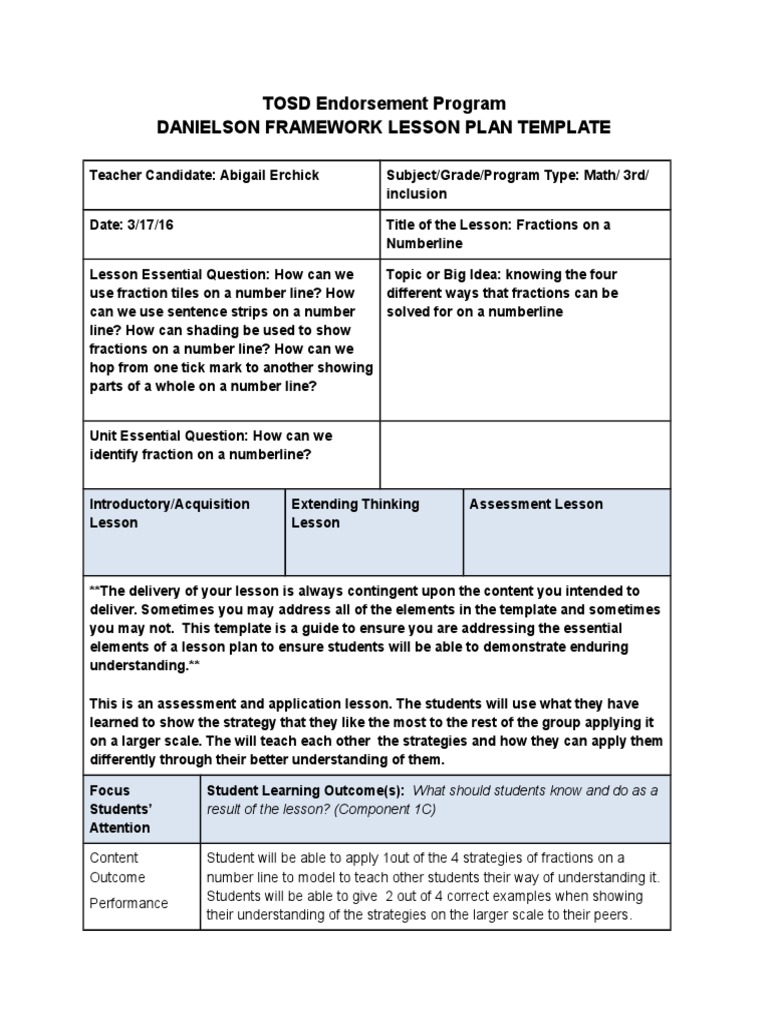 TOSD Endorsement Program Danielson Framework Lesson Plan Template PDF