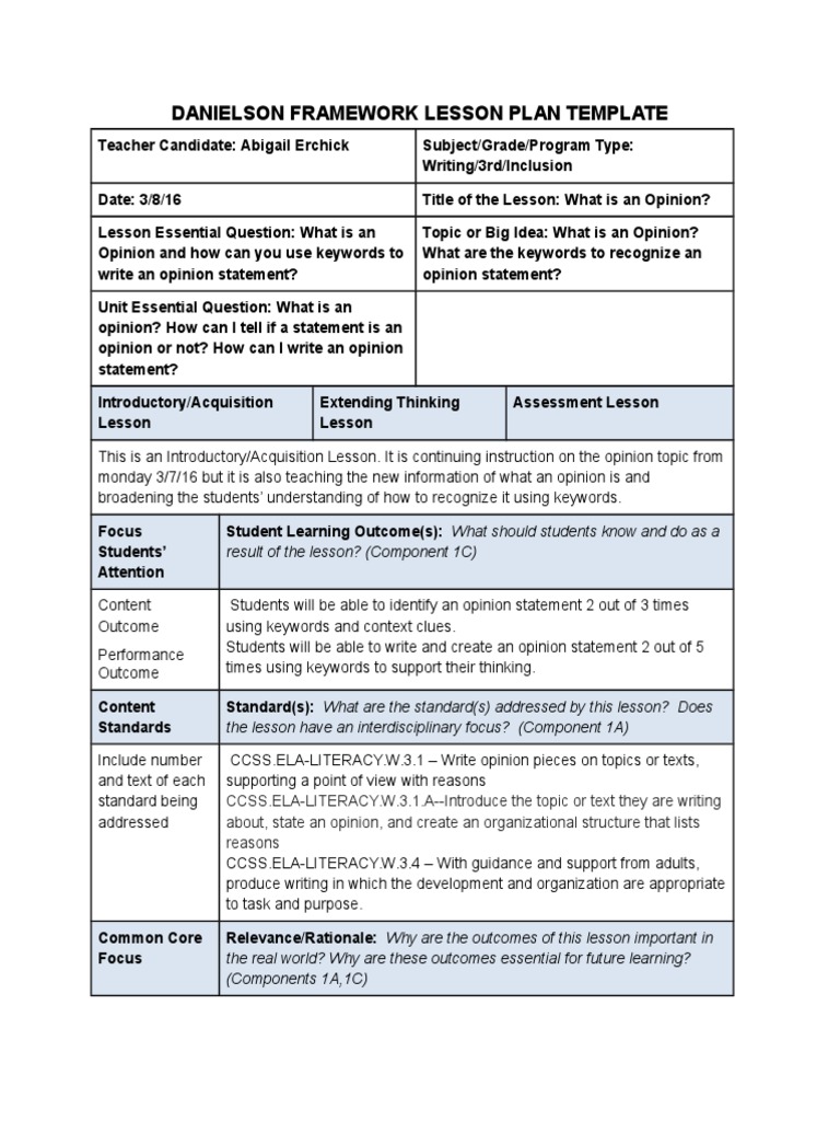 Danielson Framework Lesson Plan Template Result of The Lesson