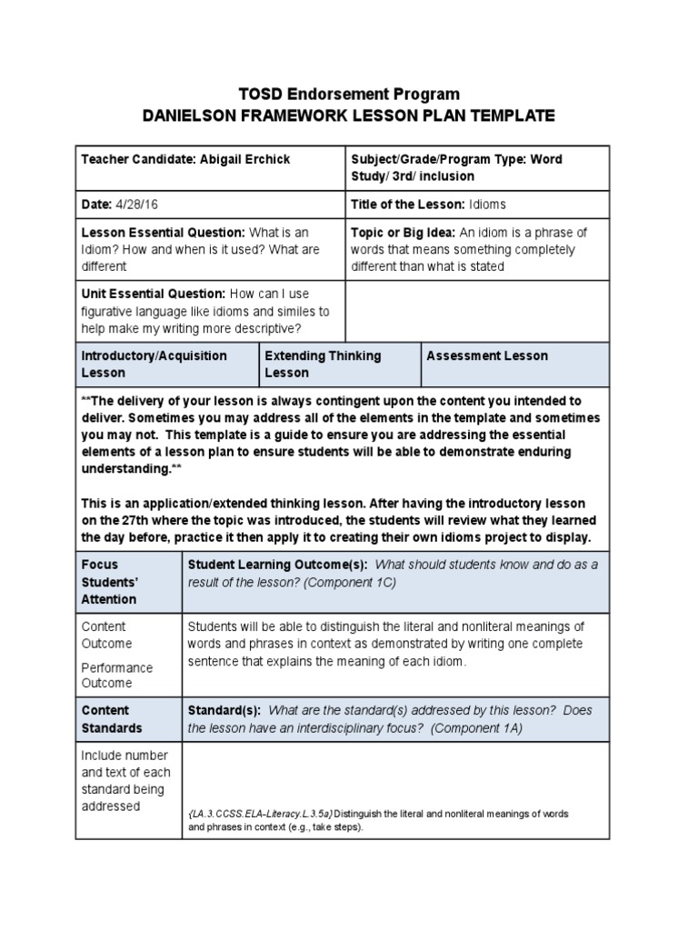 TOSD Lesson Plan: Understanding Idioms | PDF | Idiom | Reading ...
