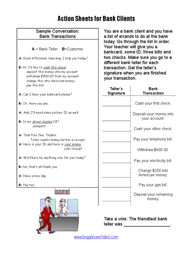 Action Sheets For Bank Clients: A Bank Teller B Customer | PDF