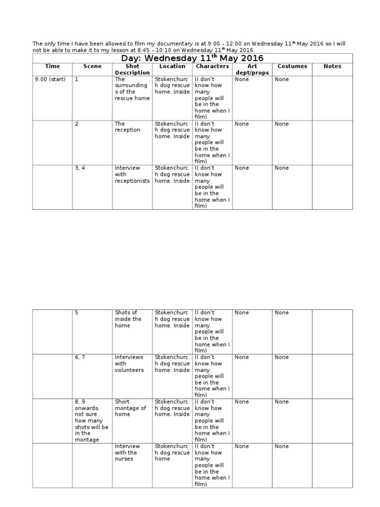 Documentary Filming Schedule: May 11, 2016 | PDF
