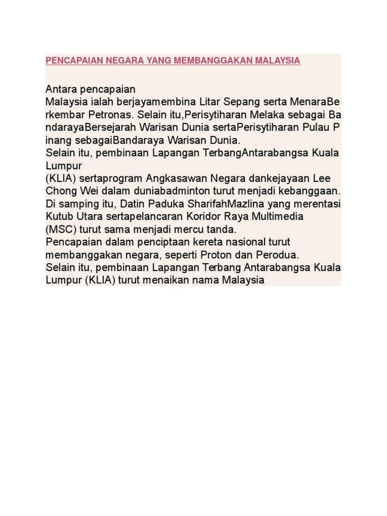 Pencapaian Negara Yang Membanggakan Malaysia Pdf