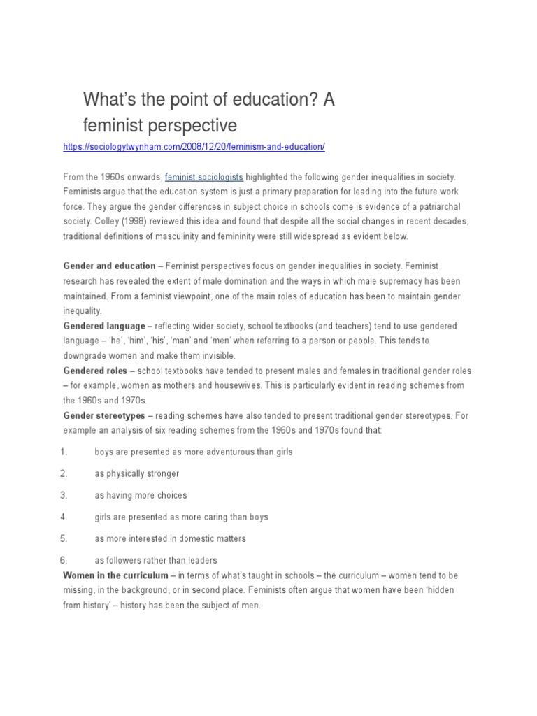 Feminist Perspectives on Education | PDF | Feminism | Gender Studies