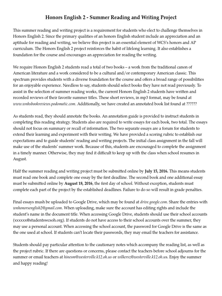 Honors English 2 Summer Project Guide | PDF