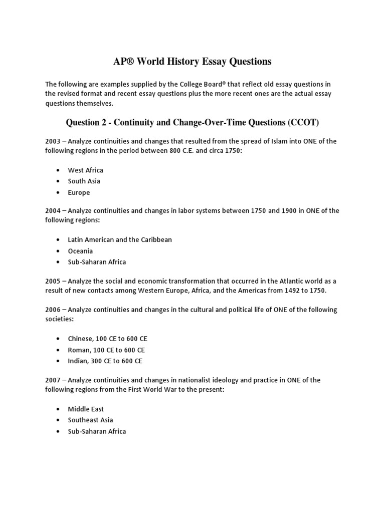 AP World History Exam Essay Questions PDF Empire Africa