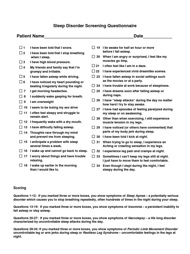 Sleep Disorder Screening Questionnaire | PDF | Night | Sleep
