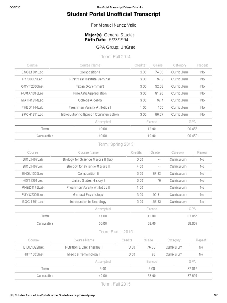 Unofficial Transcript - Printer Friendly 1 | PDF