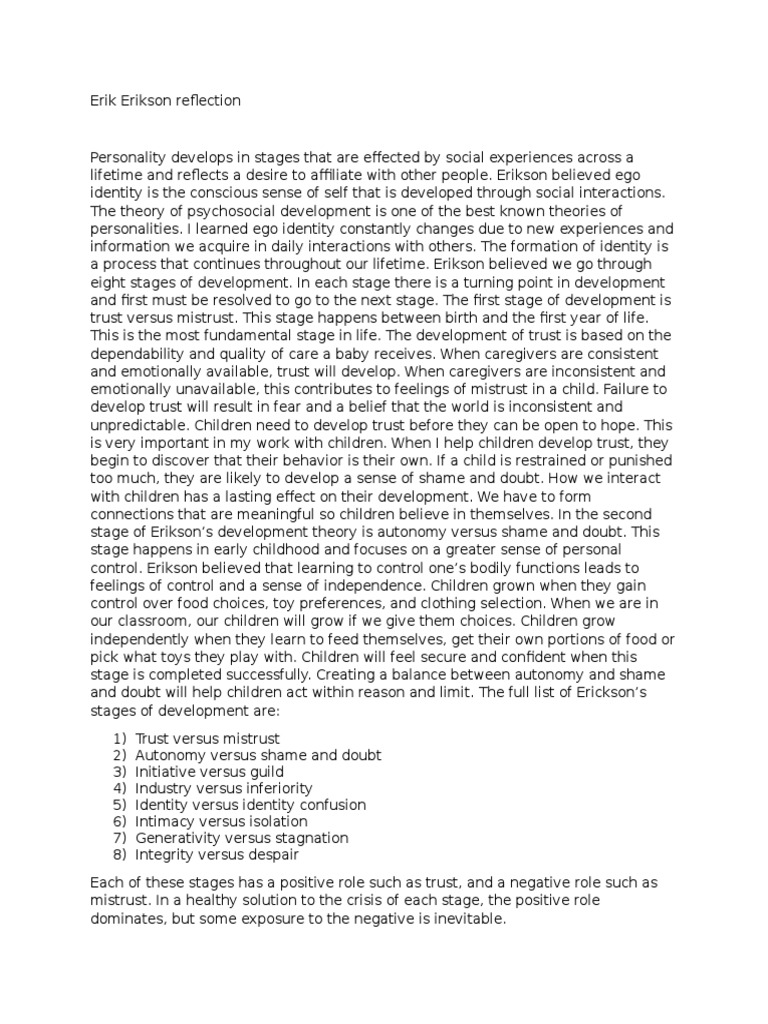 Erik Erikson Reflection PDF Metaphysics Of Mind Behavioural Sciences