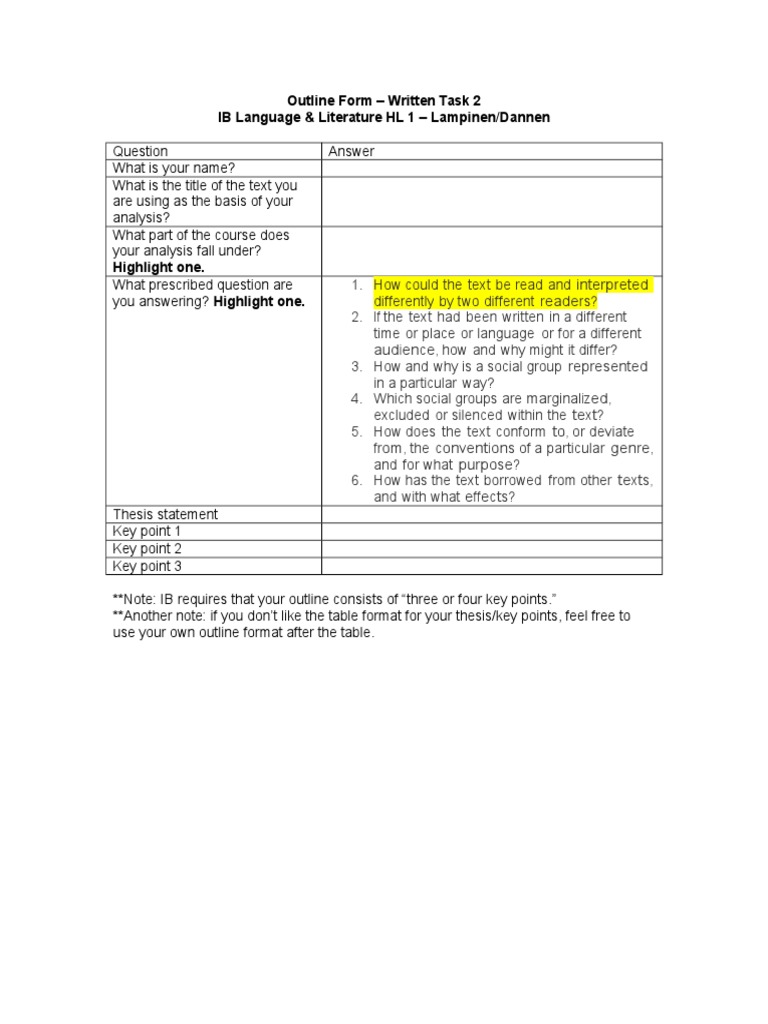 Outline Form - Written Task 2 IB Language & Literature HL 1 - Lampinen ...