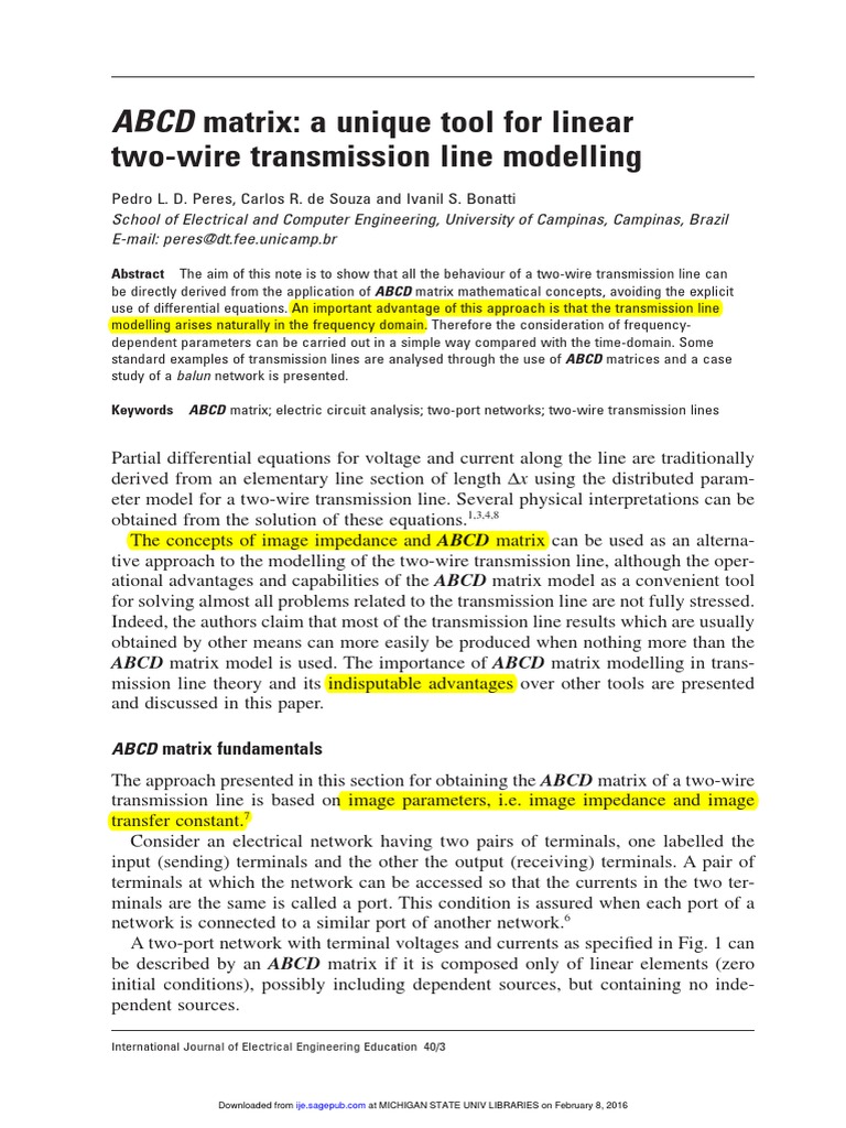 ABCD Matrix in Transmission Line Modelling | PDF | Transmission Line ...