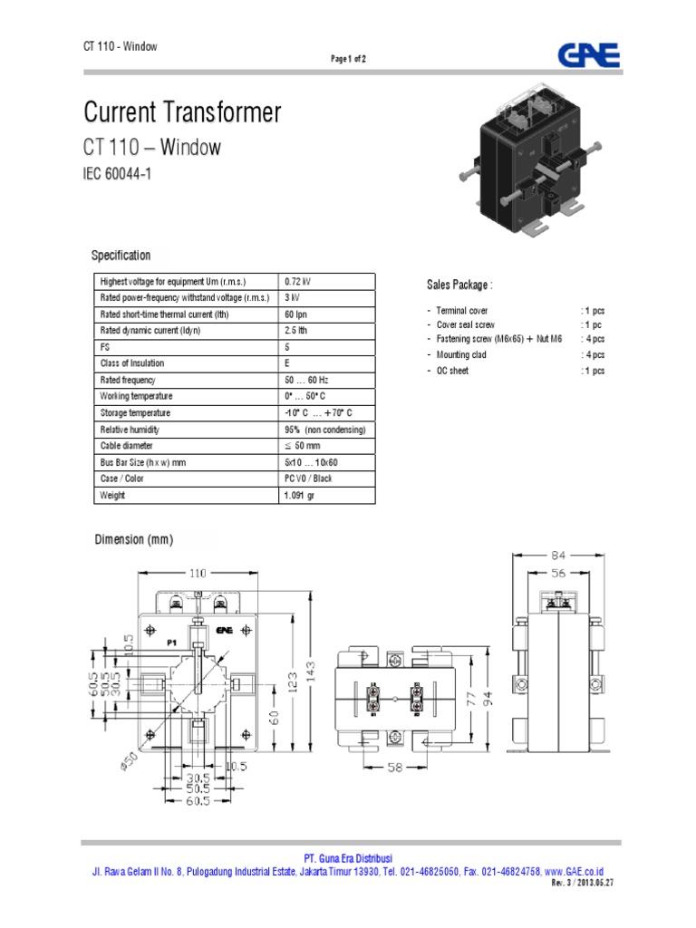 CT 110 Window Current Transformer Specs | PDF