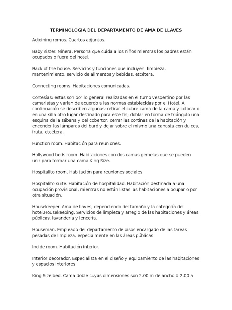 Terminologia Del Departamento de Ama de Llaves PDF Hotel Industrias