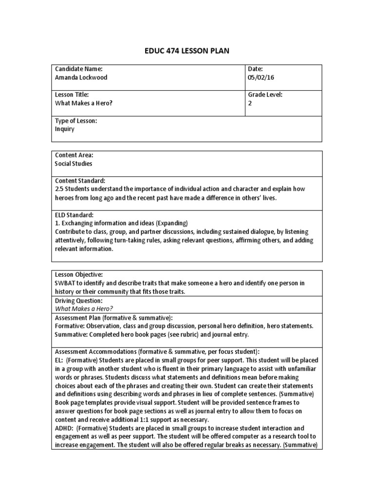 2nd Grade Lesson Plan: What Makes a Hero? | PDF | Educational ...