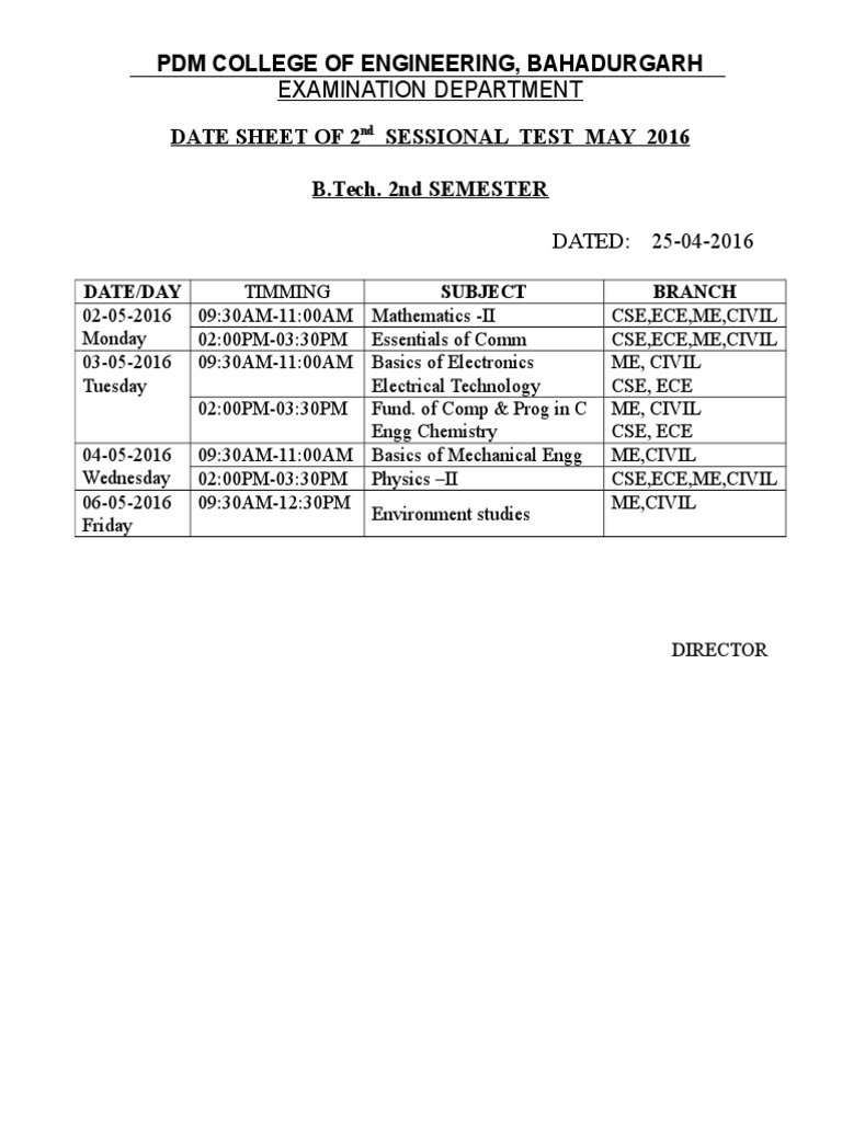 PDM College May 2016 Exam Date Sheet | PDF | Electrical Engineering ...