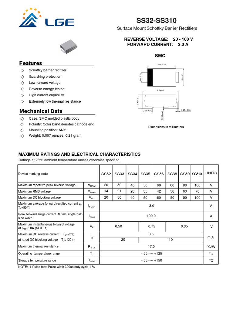 SS310 Schottky Diode Datasheet | PDF