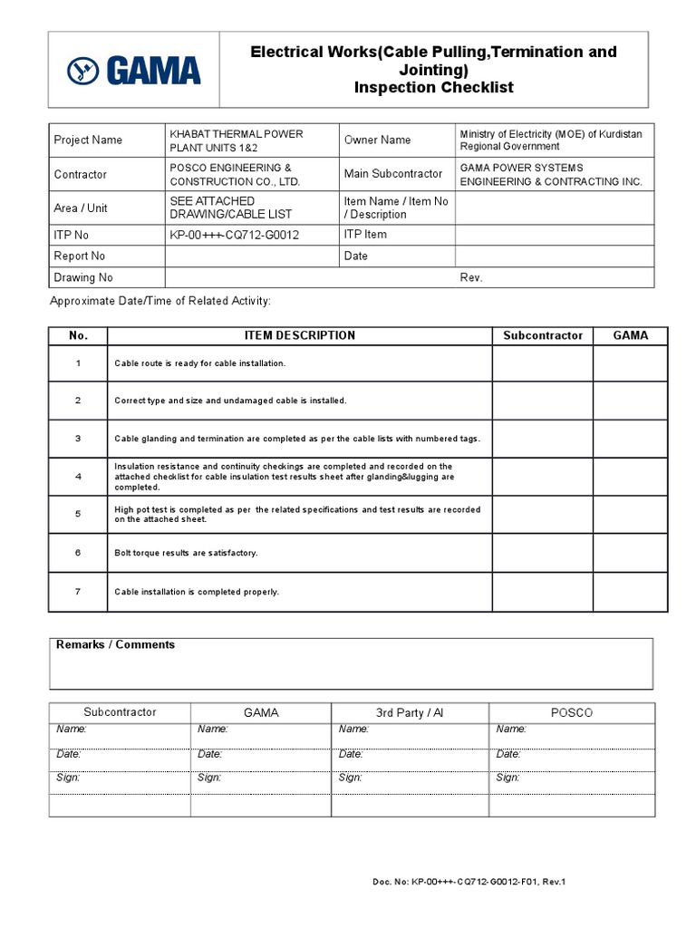 Electrical Works(Cable Pulling,Termination and Jointing) Inspection