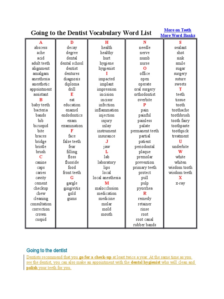 Going to the Dentist Vocabulary Word List A D H N S