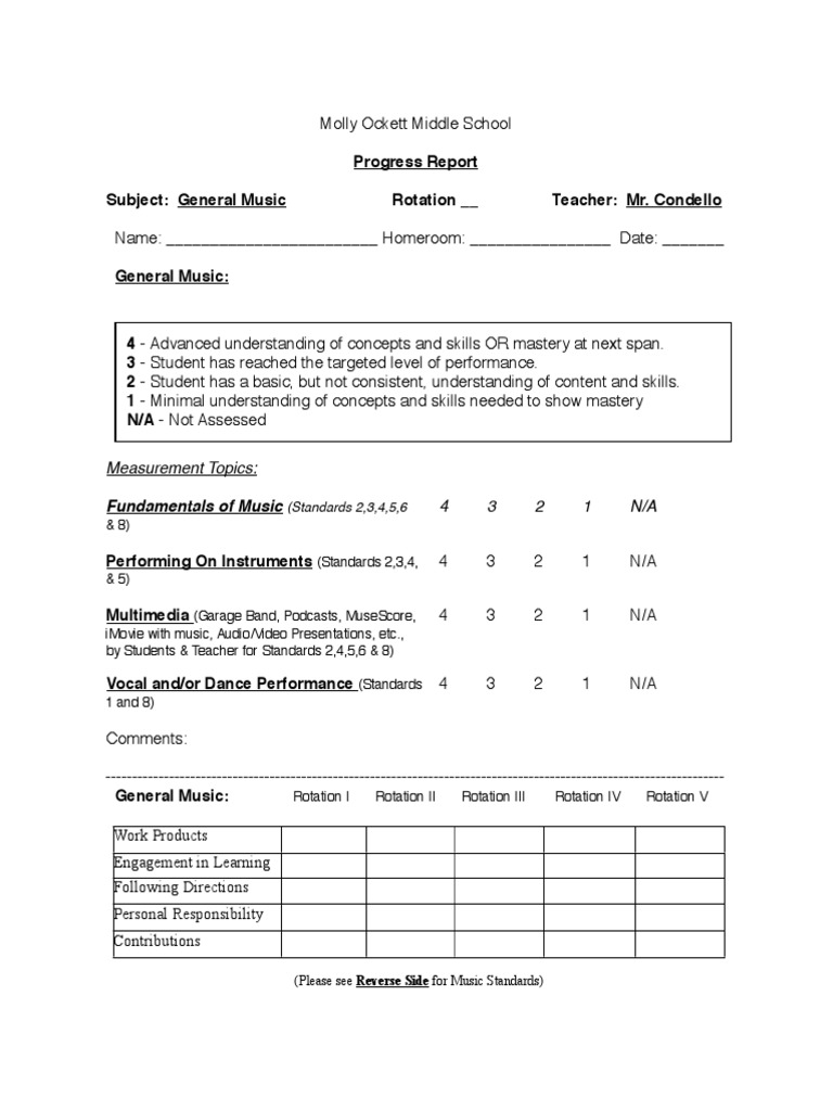 General Music Progress Report Template | PDF | Sound | Psychological ...