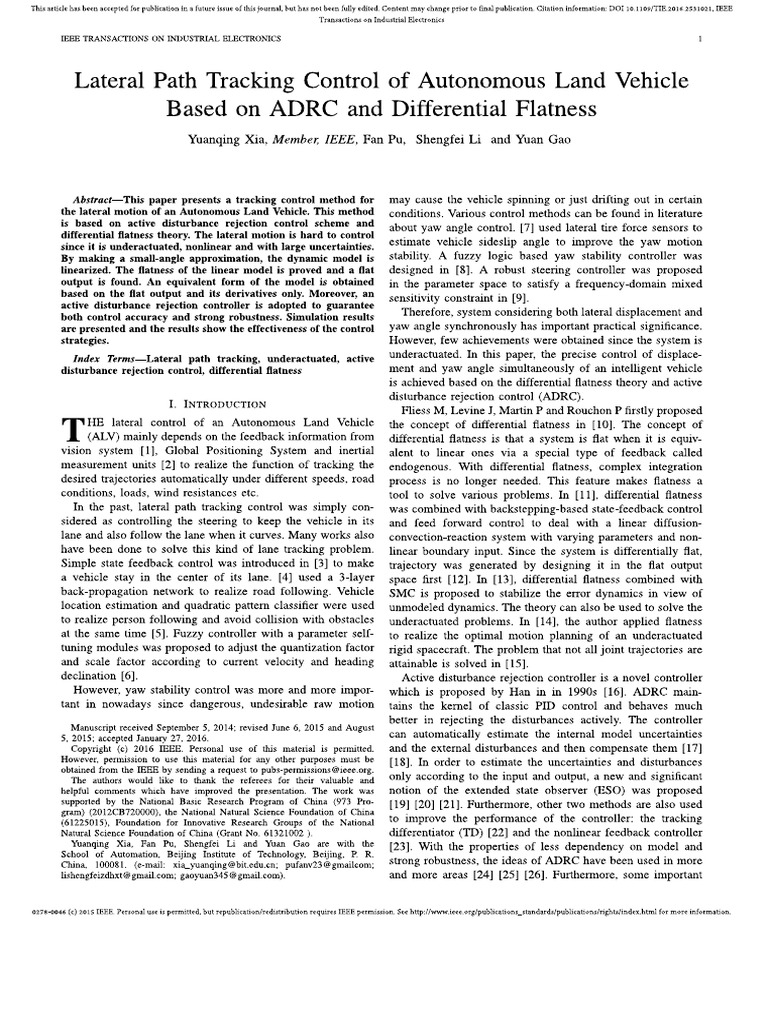 Lateral Path Tracking Control of Autonomous Land Vehicle Based On ADRC ...