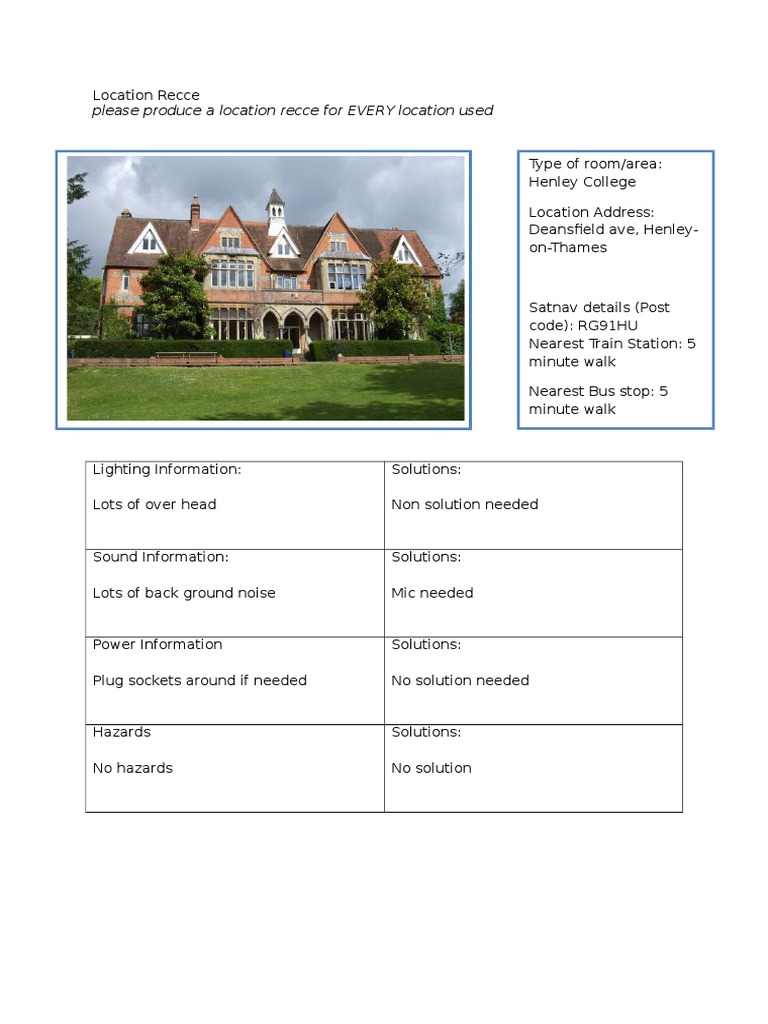 Film Crew Location Recce Guide | PDF