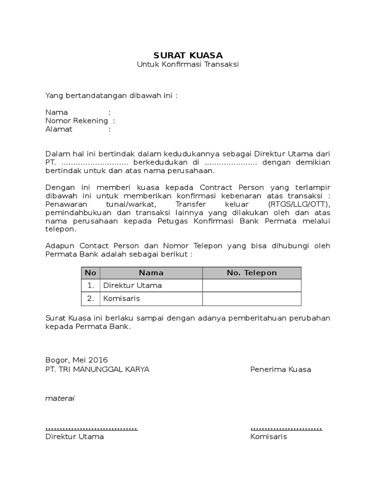 Surat Kuasa Untuk Konfirmasi Bank