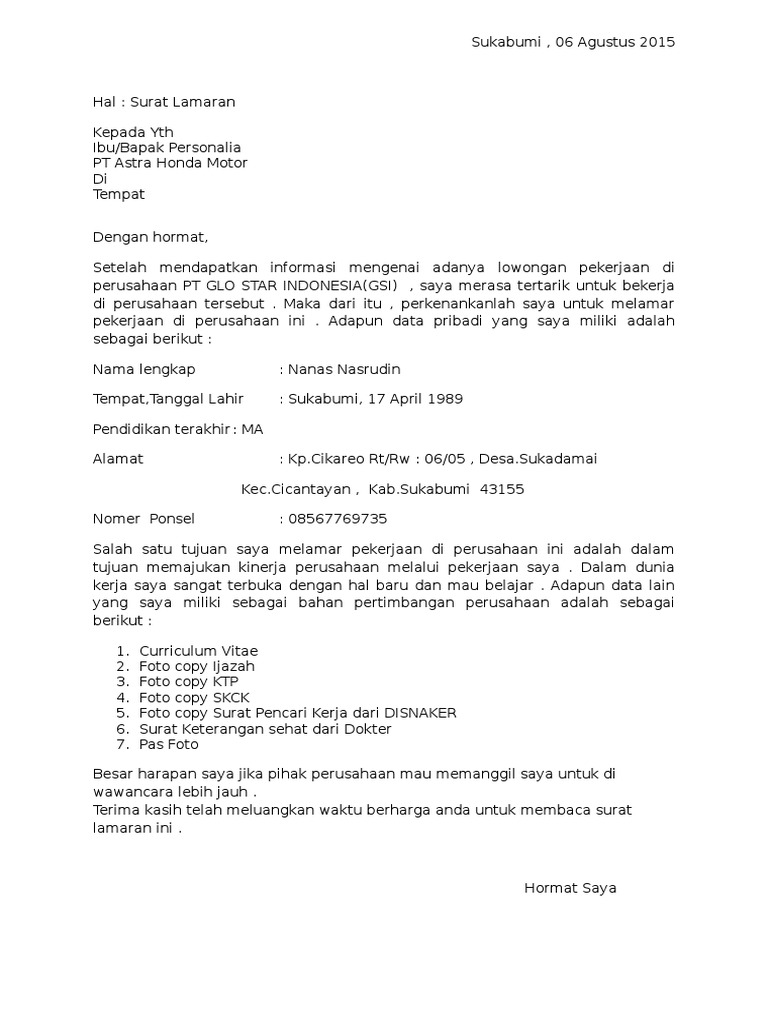 Contoh Surat Lamaran