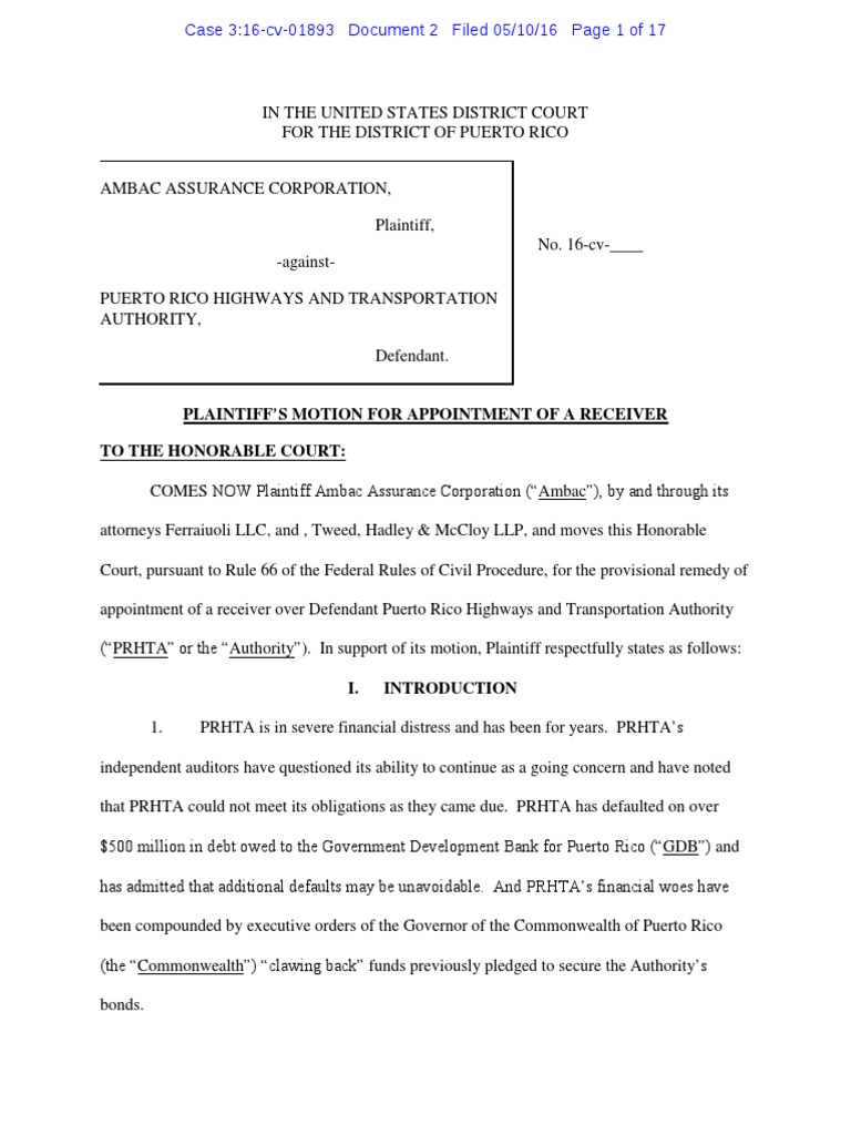 PR Ambac Motion PDF PDF Receivership Fiduciary