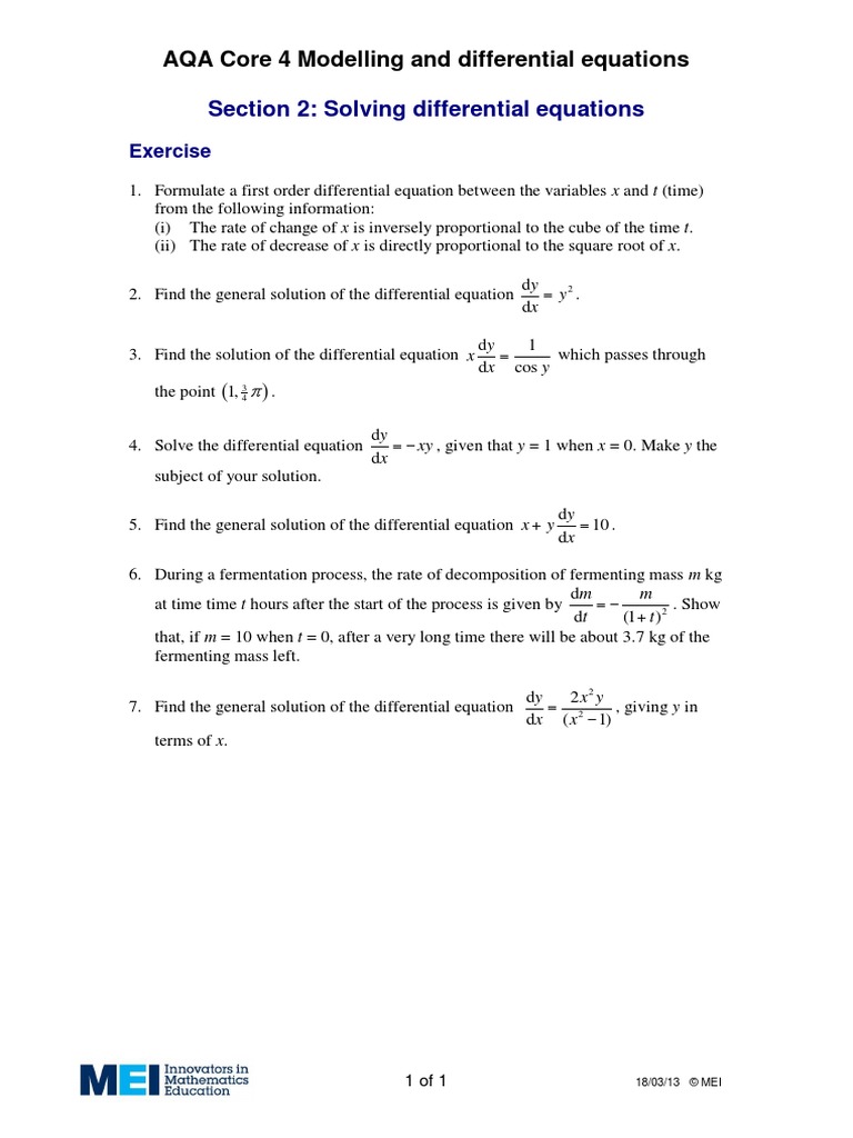 AQA Core 4 Differential Equations Guide | PDF