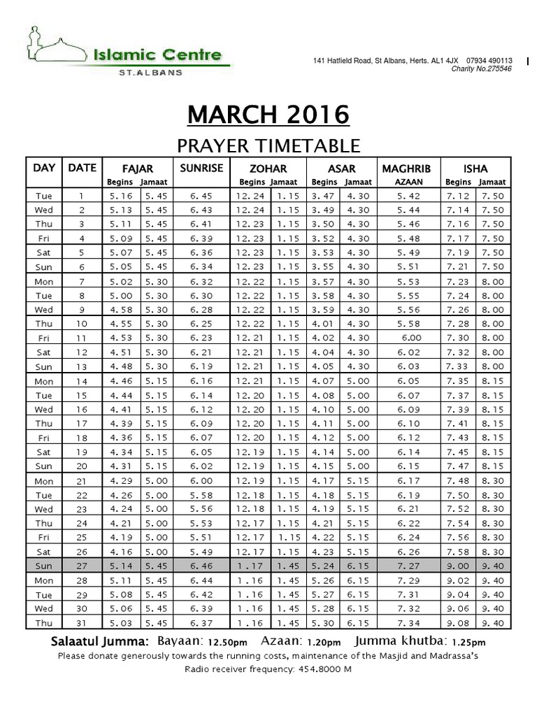 March 2016 Prayer Timetable | PDF