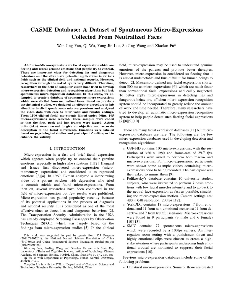 CASME II: Spontaneous Micro-Expressions Dataset | PDF
