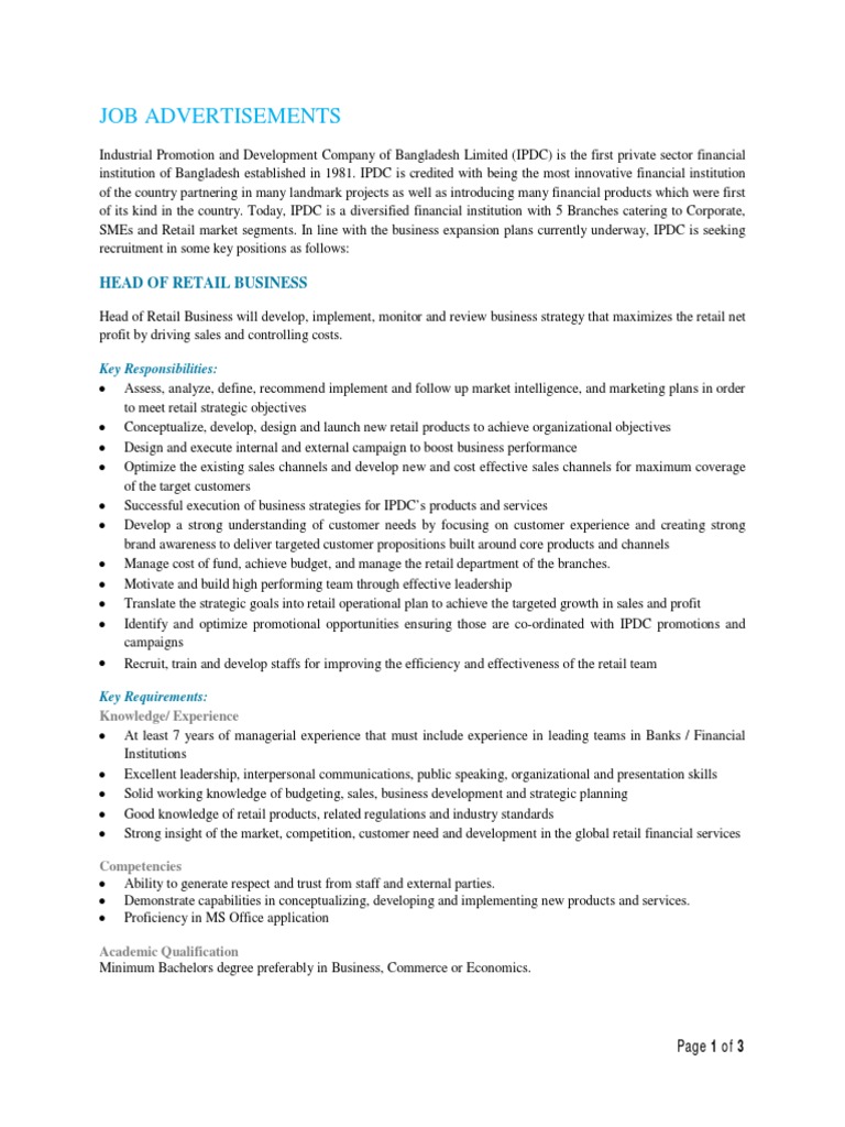 Job Advertisements: Head of Retail Business | PDF | Strategic ...