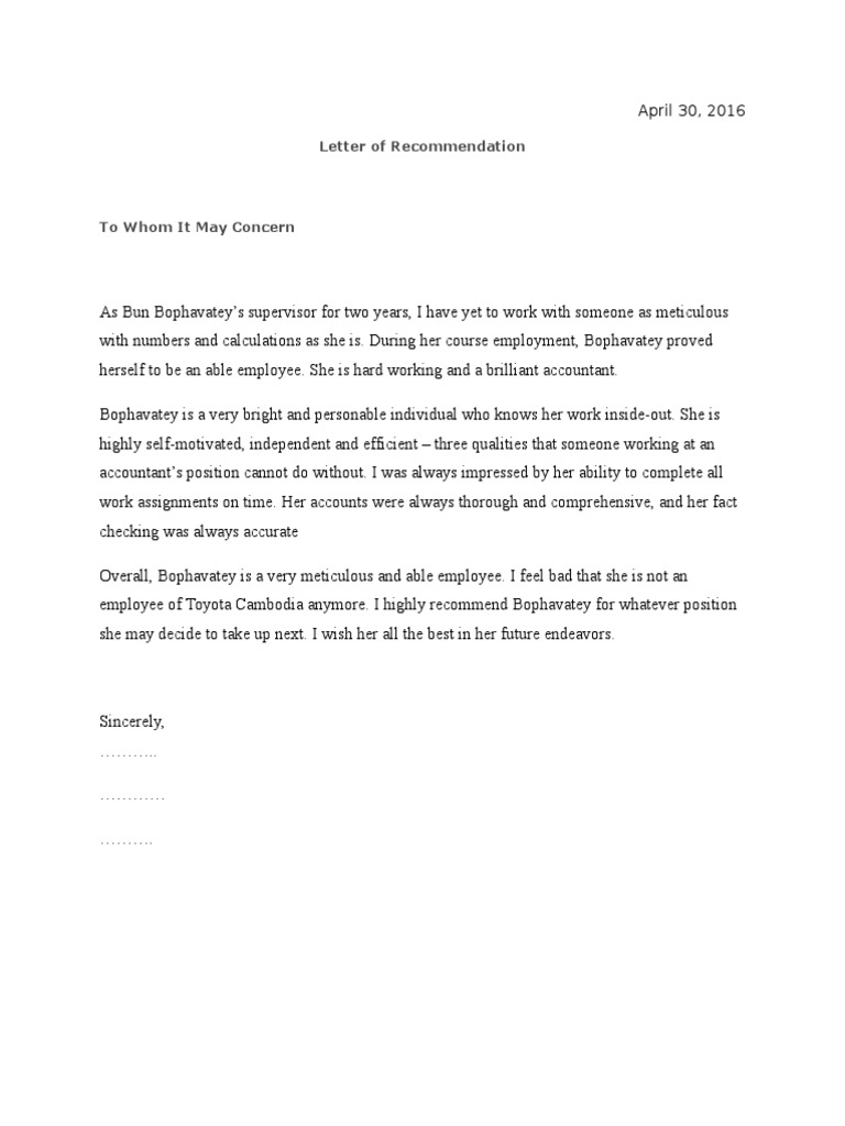 Letter of Recommendation for Accountant