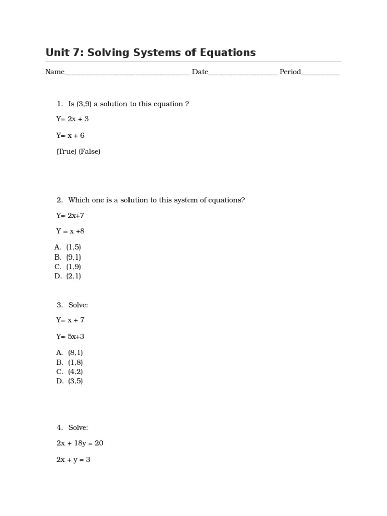 Solving Systems of Equations Quiz | PDF