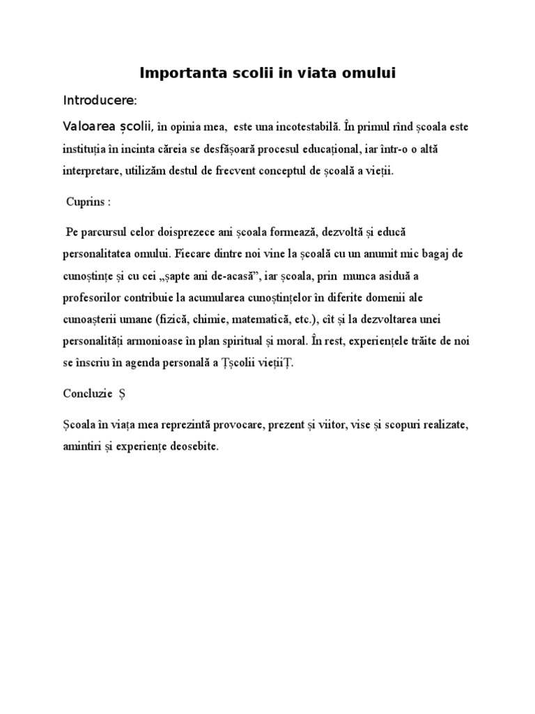 Importanta Scolii in Viata Omului | PDF