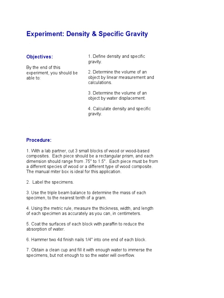 Density & Specific Gravity Lab | PDF | Density | Volume
