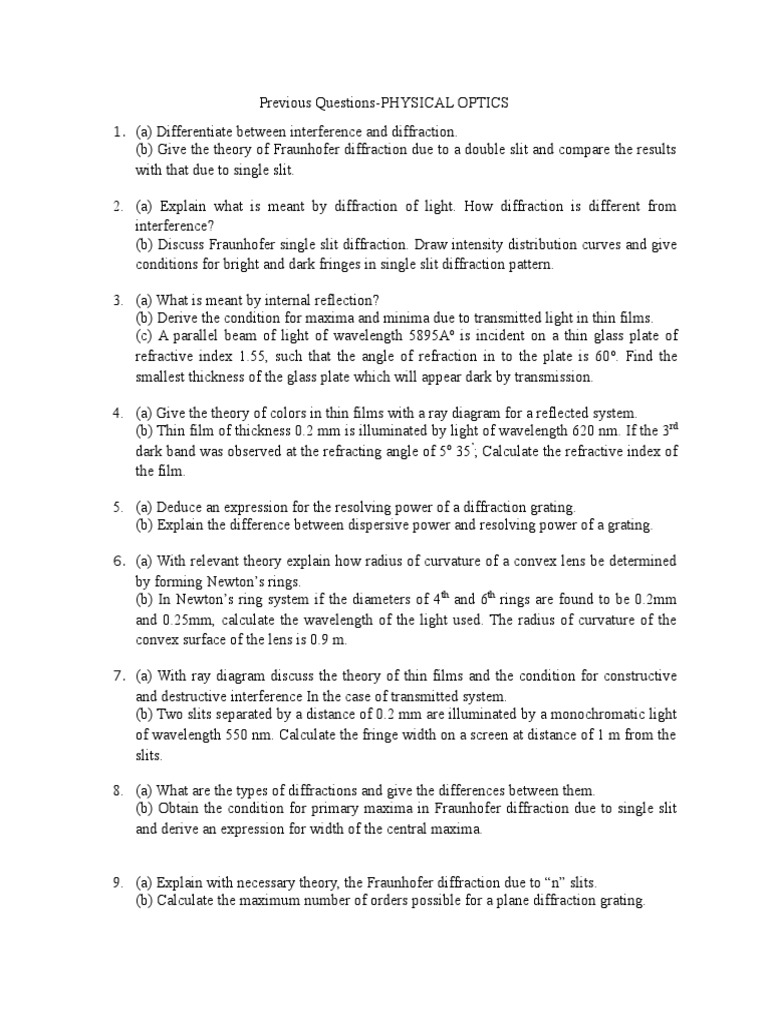 Engineering PhysicsPhysical Optics Imp. Questions PDF Diffraction
