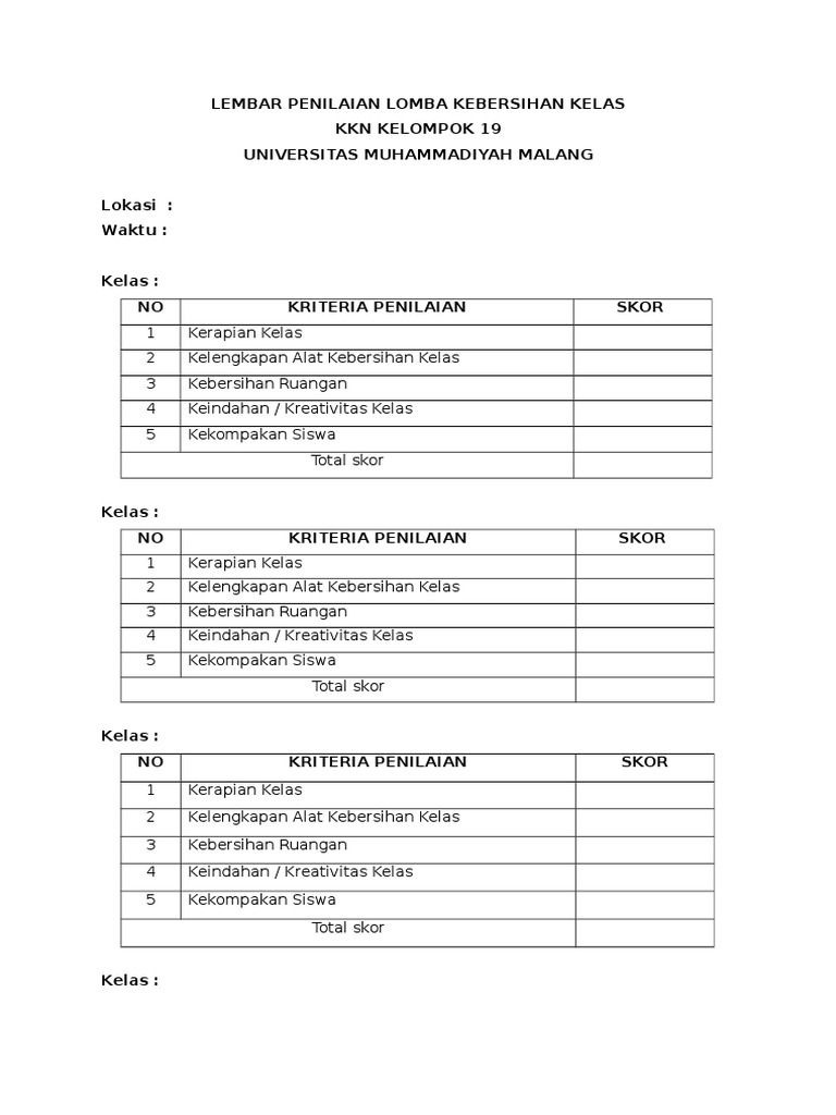 Lembar Penilaian Lomba  Kebersihan Kelas 