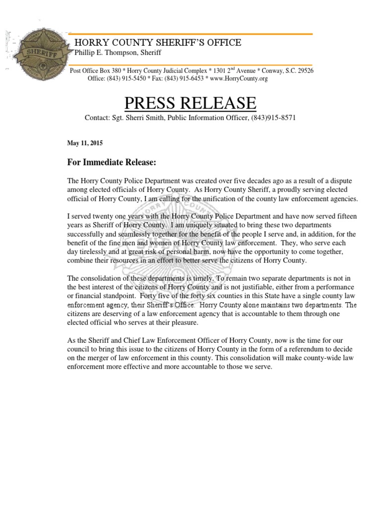 Horry County Sheriff Statement On Consolidation of Horry County Police and  Sheriff | PDF | Sheriffs In The United States | Police
