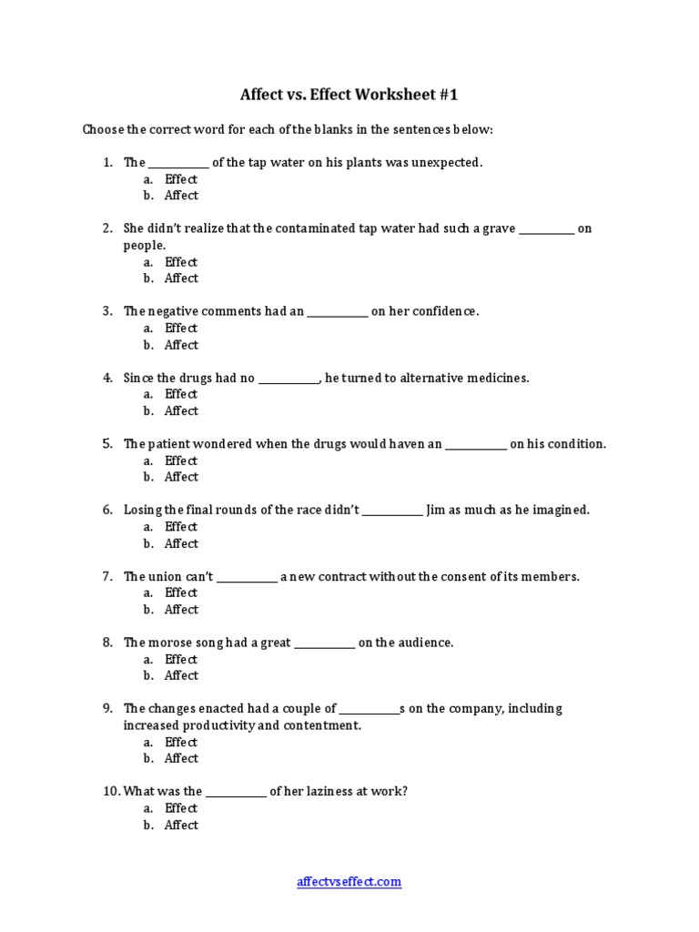 Affect Vs Effect Worksheet 20  PDF Intended For Affect Vs Effect Worksheet