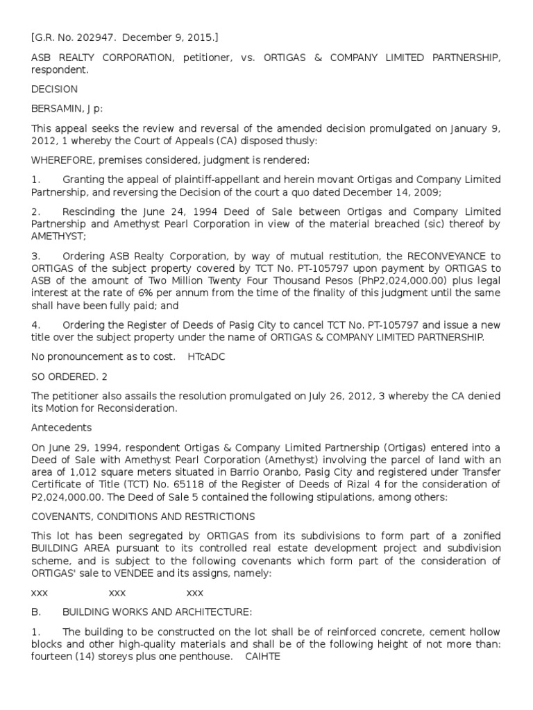 Rescission of Sale: Ortigas vs. ASB Realty | PDF | Assignment (Law ...