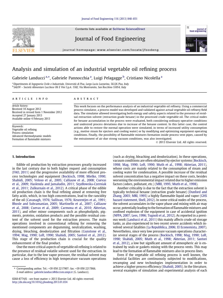 Analysis and Simulation of An Industrial Vegetable Oil Refining Process PDF Steam Petroleum