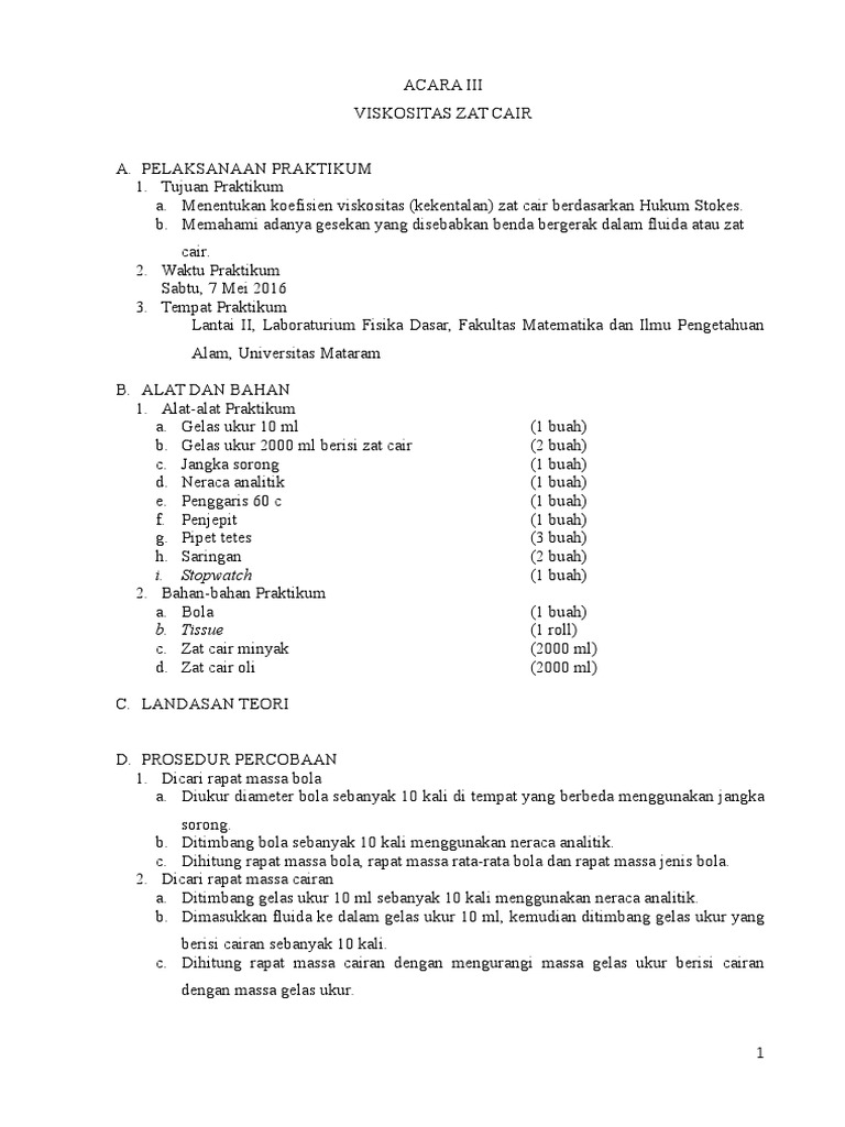 Laporan Praktikum Kekentalan Zat Cair Seputar Laporan